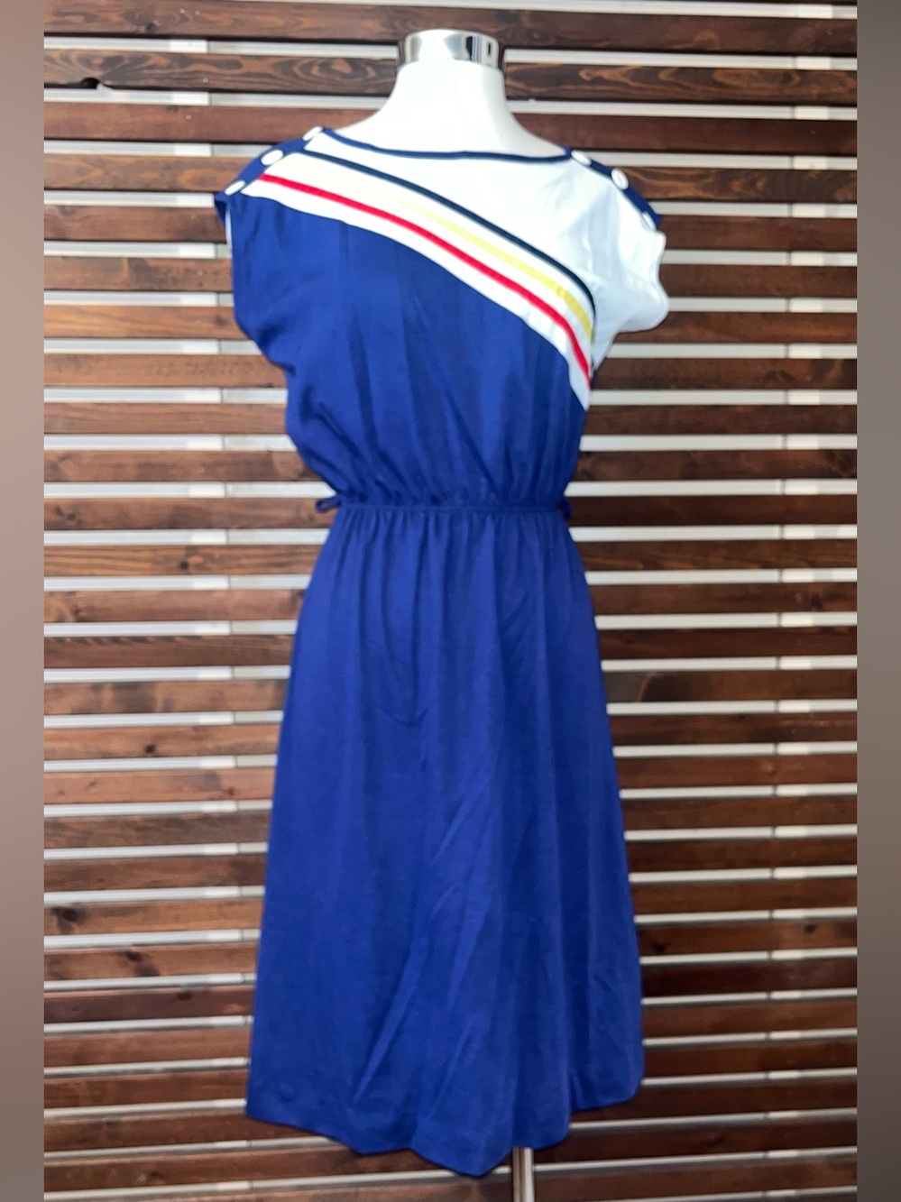 1970s 1980s Vintage Red White Blue Black Yellow Striped Dress w/ Buttons - Picture 2 of 8